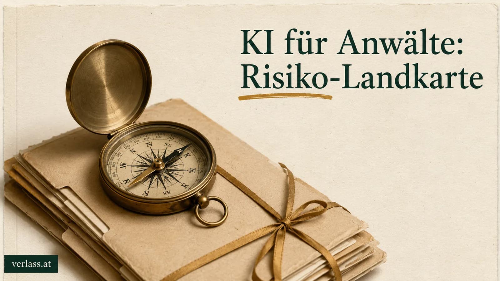Kompass auf einem Stapel verschnürter Aktendeckel, daneben der Titel „KI für Anwälte: Risiko-Landkarte“
