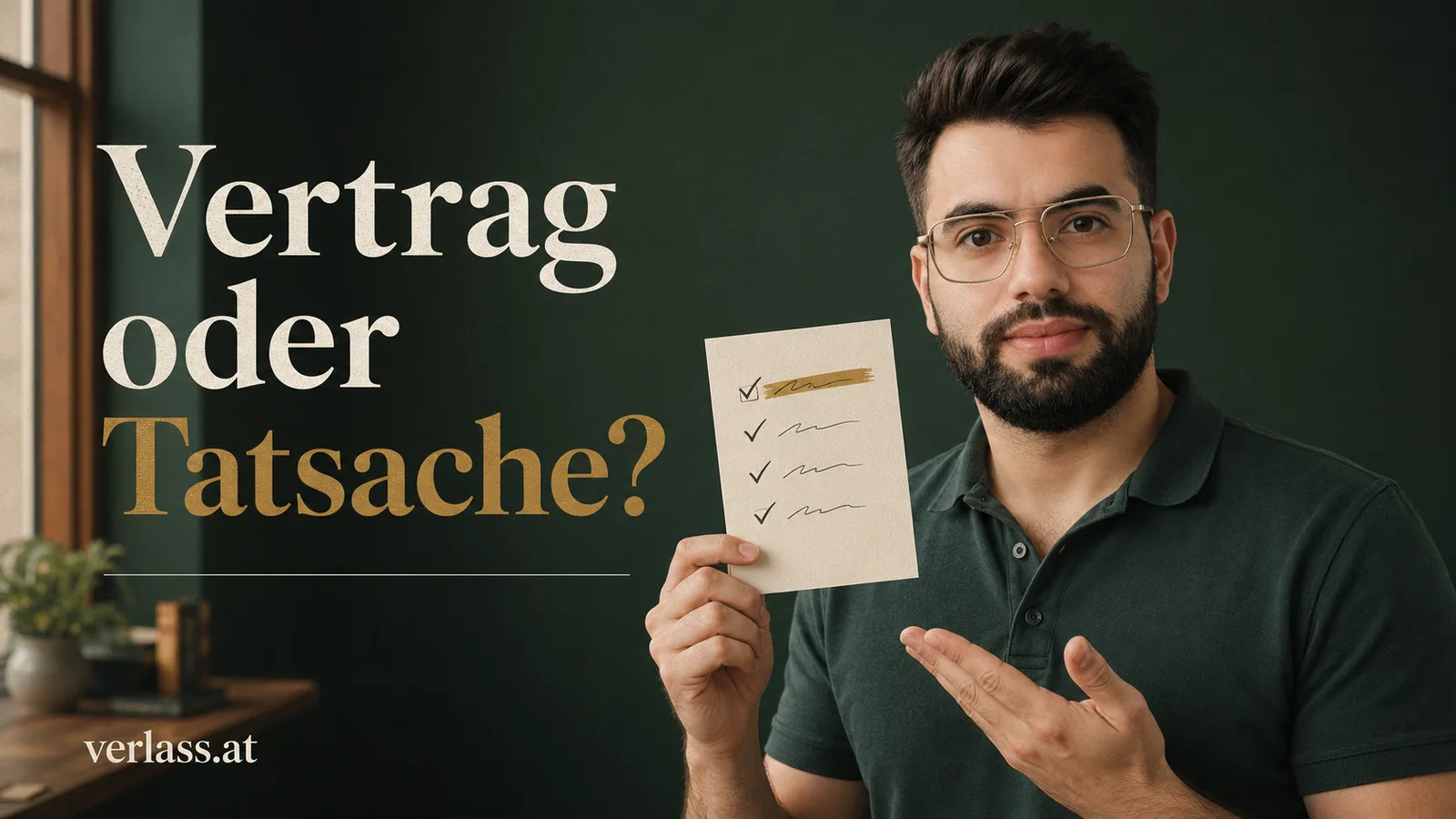Dunkelgrünes Markenbild mit dem Schriftzug „Vertrag oder Tatsache?“, daneben ein Mann, der eine abgehakte Checkliste in die Kamera hält
