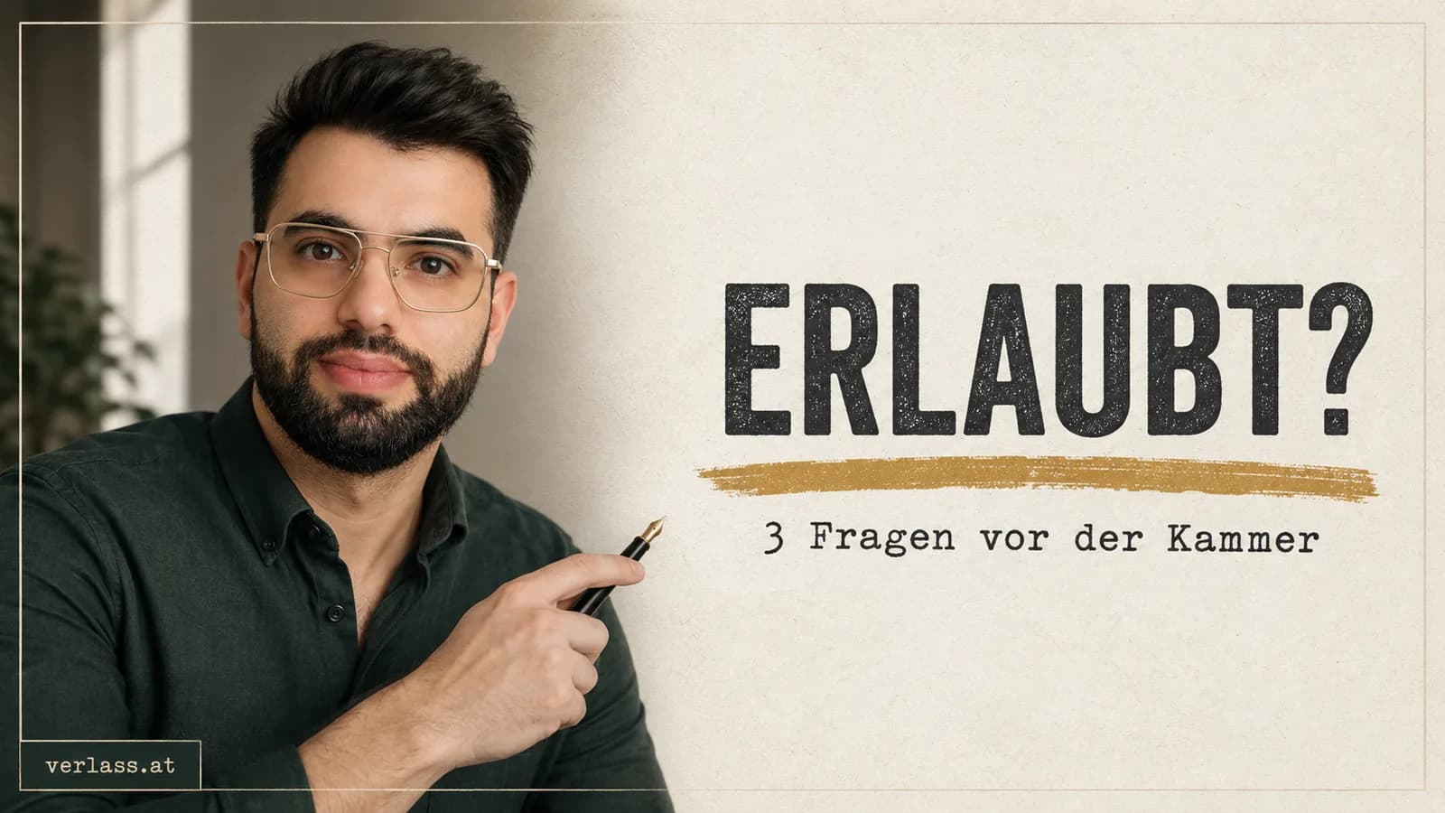 Mohamad Ali mit Füllfeder vor heller Wand, daneben der Titel „Erlaubt? 3 Fragen vor der Kammer“