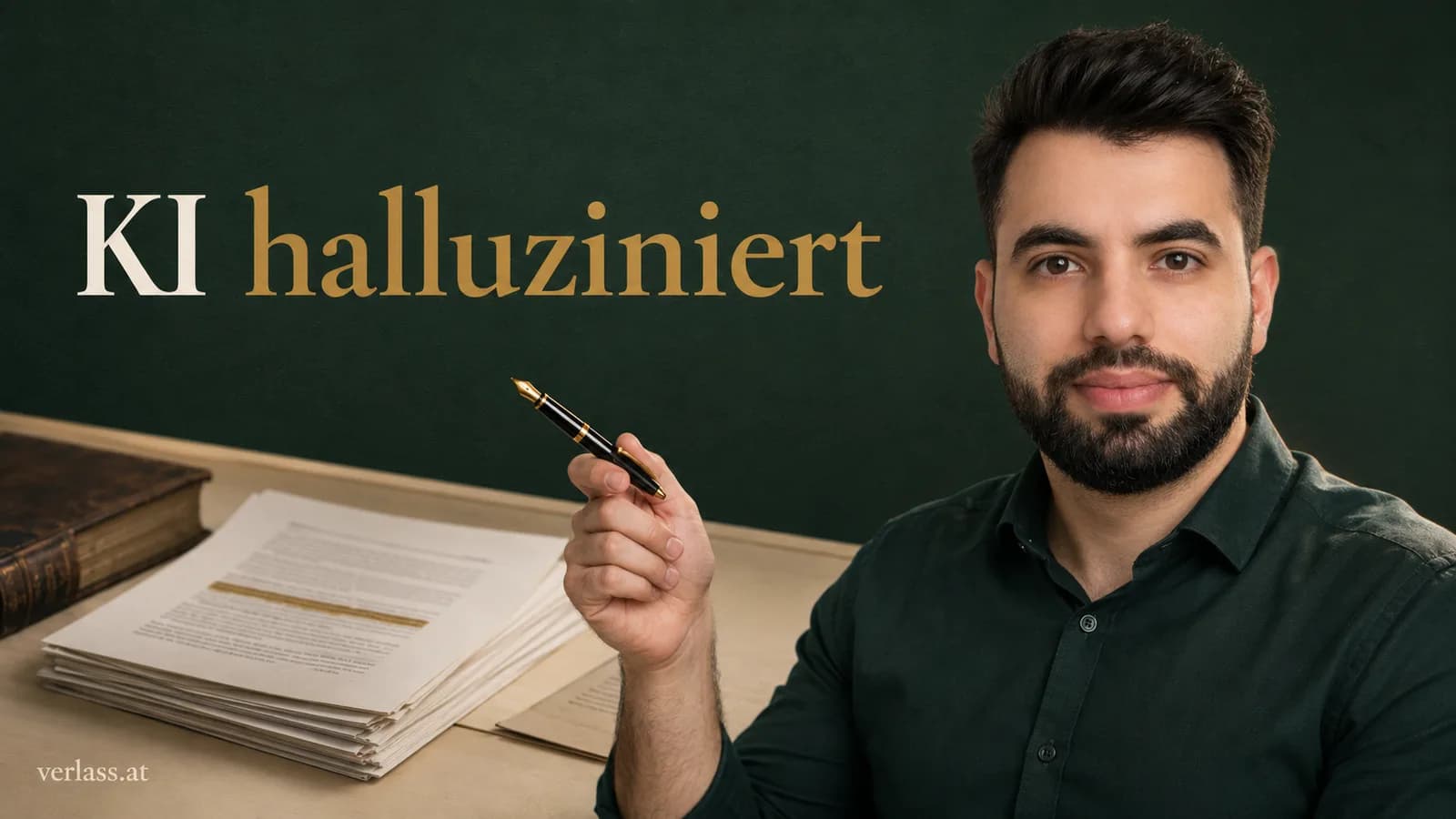 Mohamad Ali mit Füllfeder neben einem Stapel Schriftsätze mit markierter Textstelle, daneben der Schriftzug „KI halluziniert“