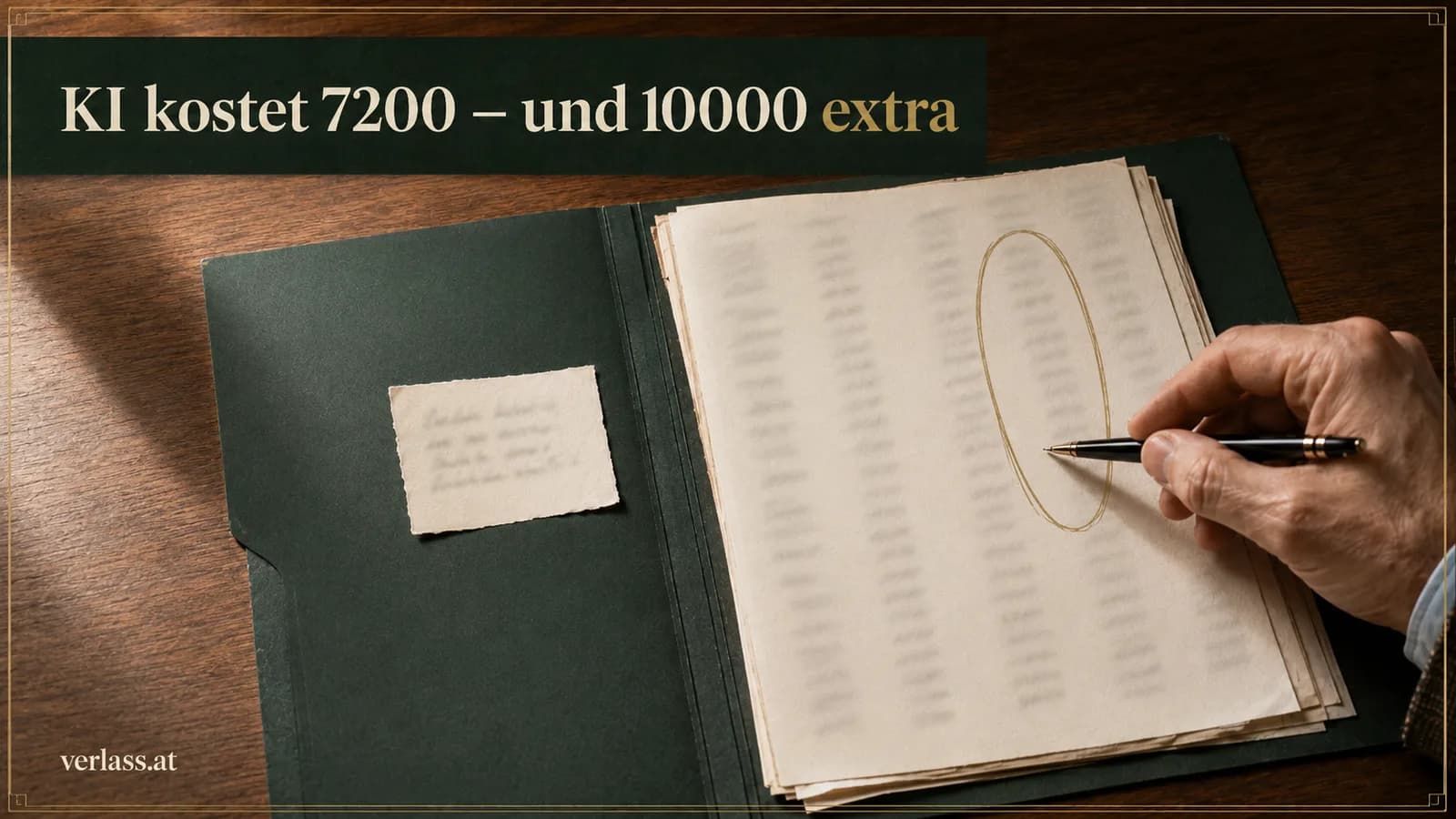 Hand mit Kugelschreiber markiert einen Posten in einer handschriftlichen Aufstellung in einem grünen Aktendeckel